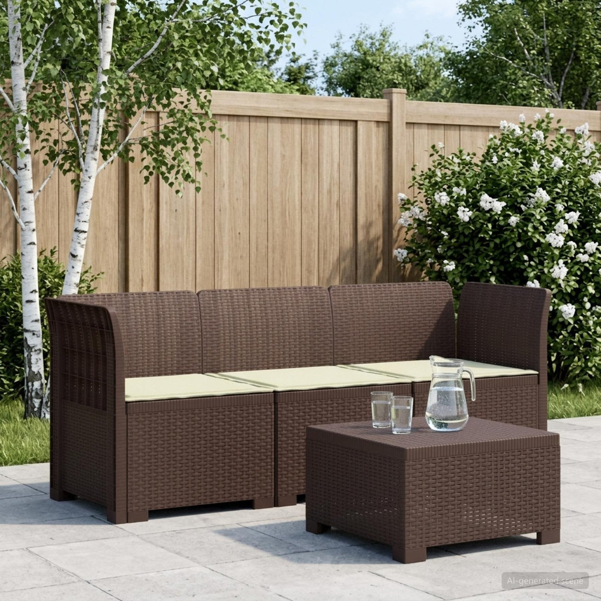 3-zits tuinbank met kussens in rattanlook PP Bruin is nu te koop bij PeponiXL, paradijselijk wonen!
