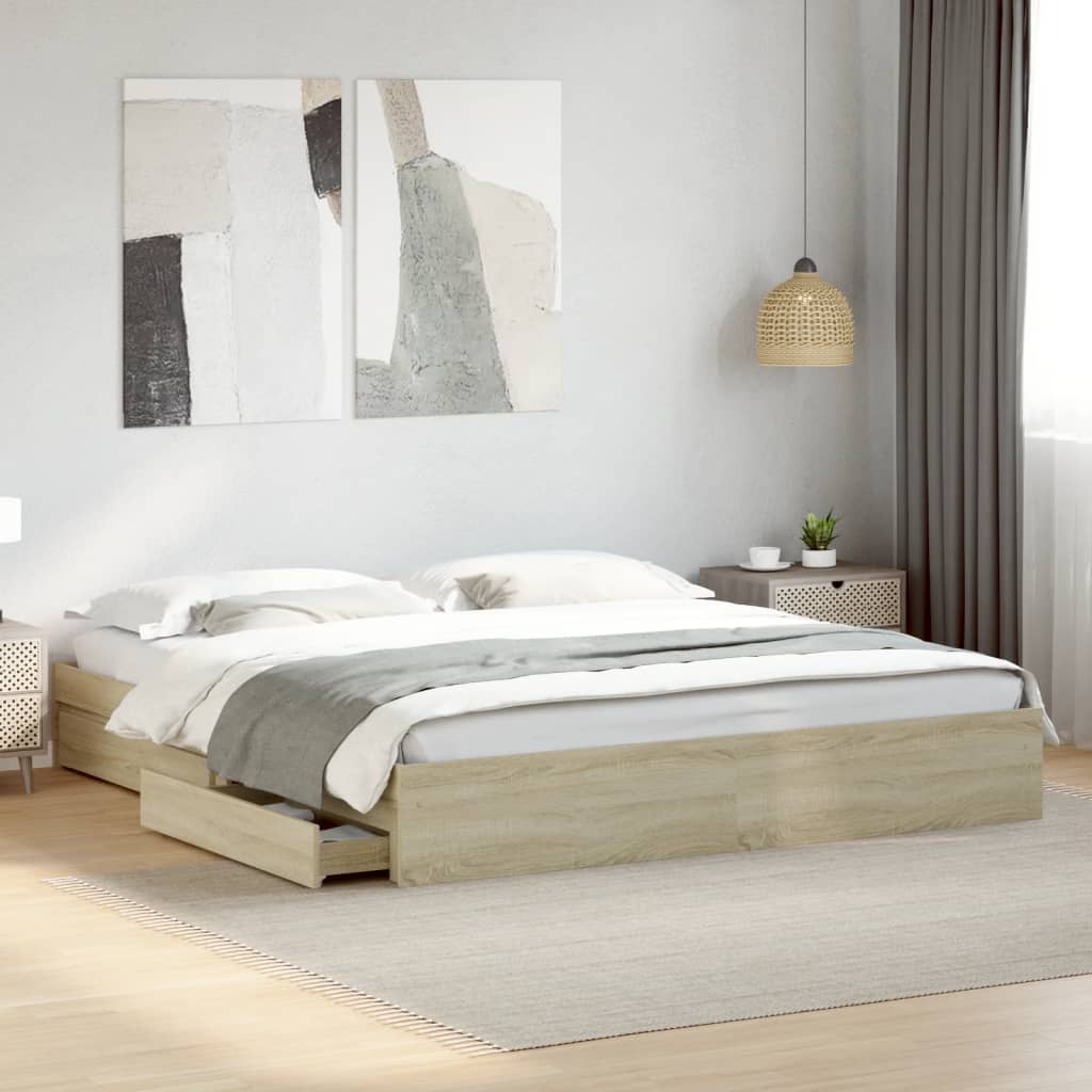 Bedframe met lades bewerkt hout sonoma eikenkleurig 200x200 cm is nu te koop bij PeponiXL, paradijselijk wonen!