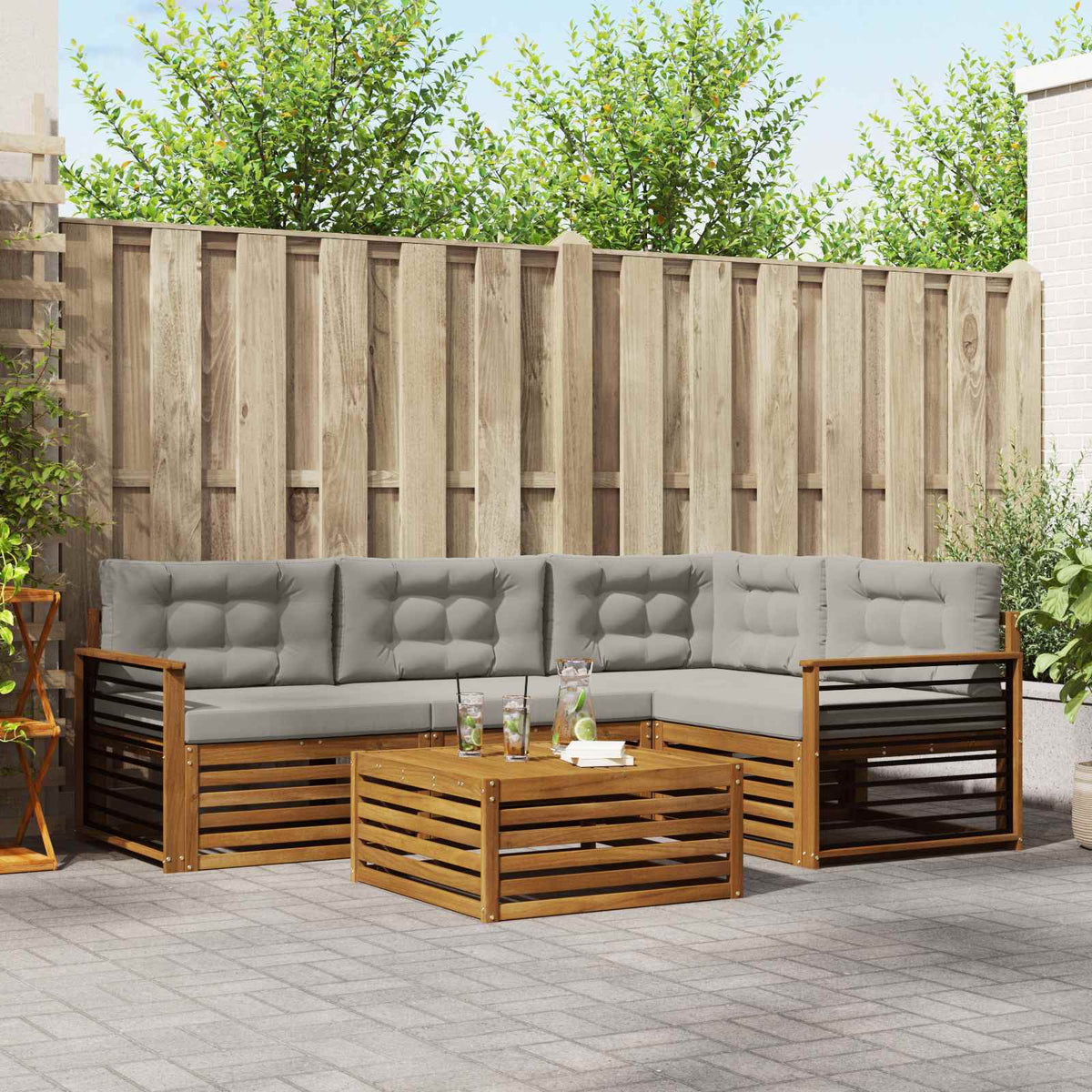 Buiten bankenset met kussen 5 pcs Natuurlijk en Lichtgrijs is nu te koop bij PeponiXL, paradijselijk wonen!
