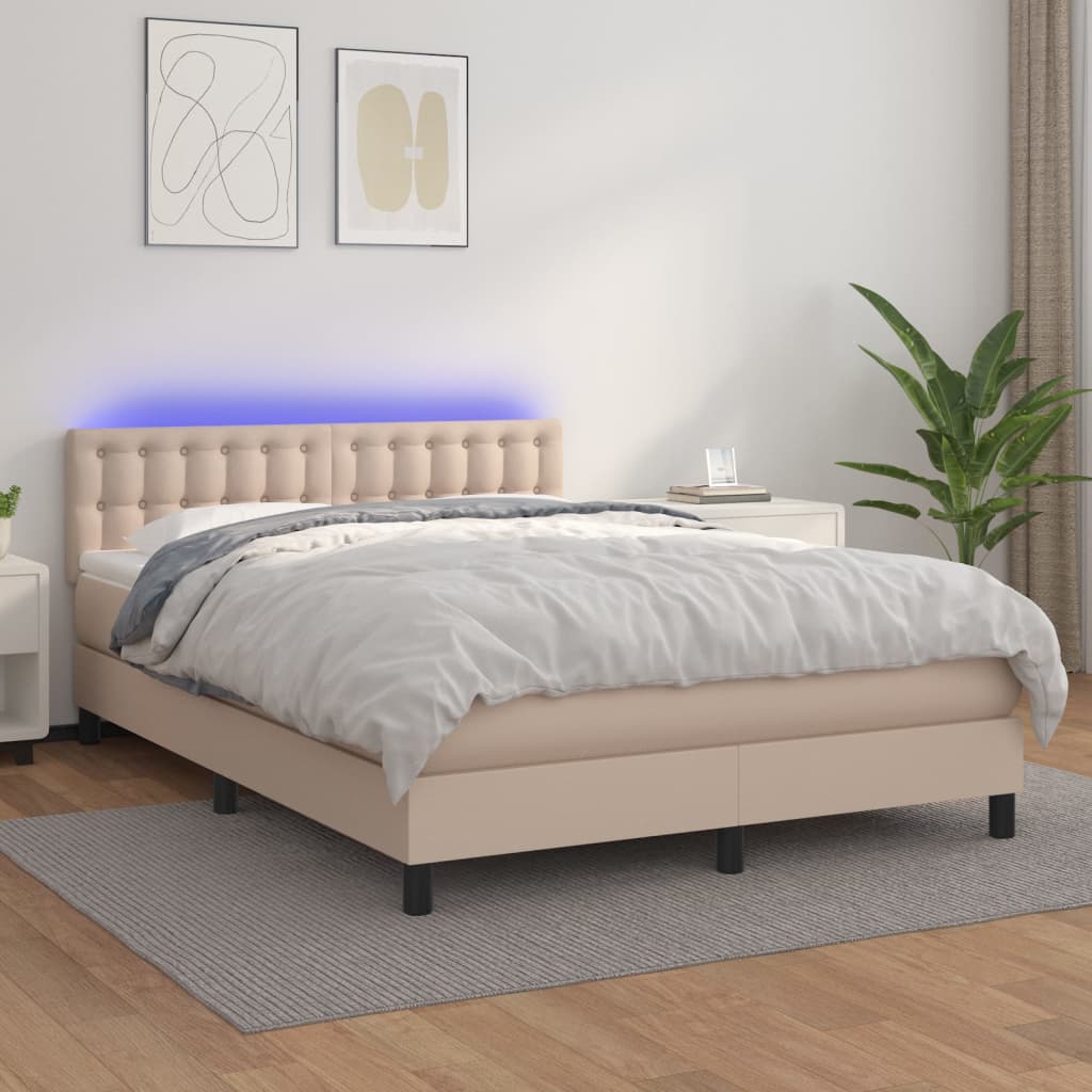 Boxspring met matras en LED kunstleer cappuccinokleur 140x200cm is nu te koop bij PeponiXL, paradijselijk wonen!