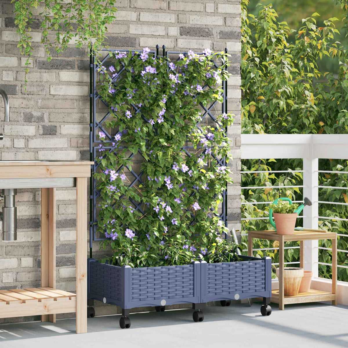 Tuinplantbak met schutting en wielen 2 st Grijs PP is nu te koop bij PeponiXL, paradijselijk wonen!