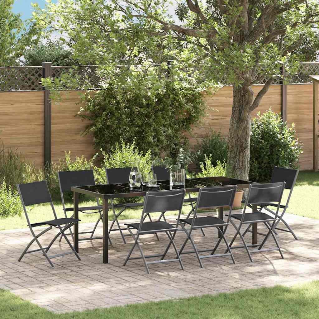 Tuin eettafelset 9 pcs Zwart Gepoedercoat staal is nu te koop bij PeponiXL, paradijselijk wonen!