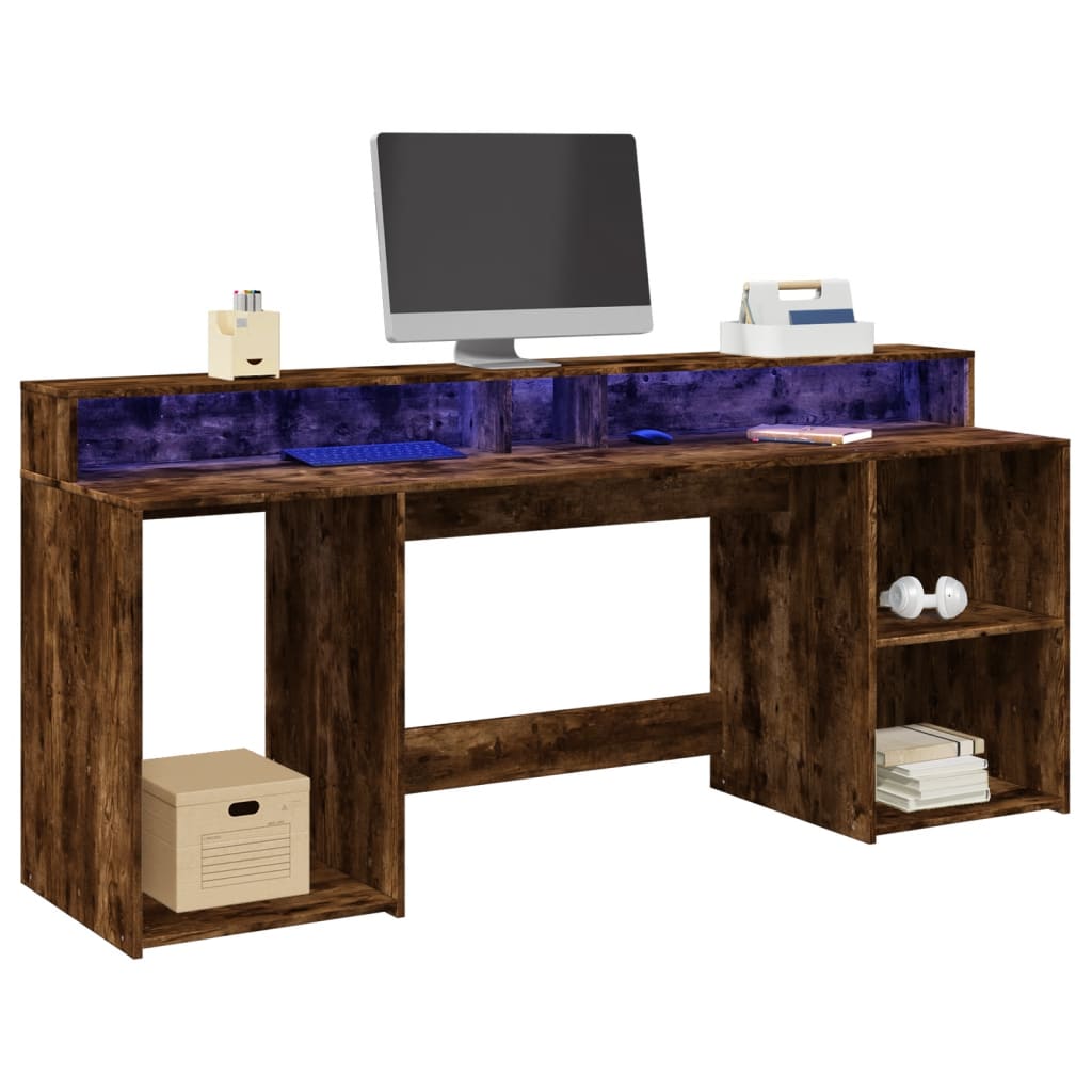 Bureau met LED-verlichting 200x55x91 cm hout gerookt eikenkleur is nu te koop bij PeponiXL, paradijselijk wonen!