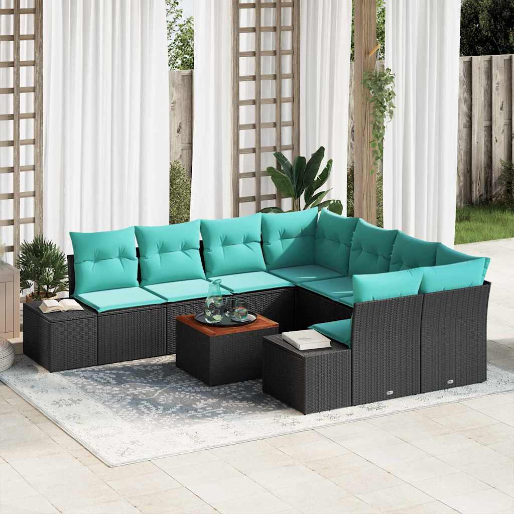 Tuinbankenset 9 st Zwart en Turquoise poly rattan is nu te koop bij PeponiXL, paradijselijk wonen!