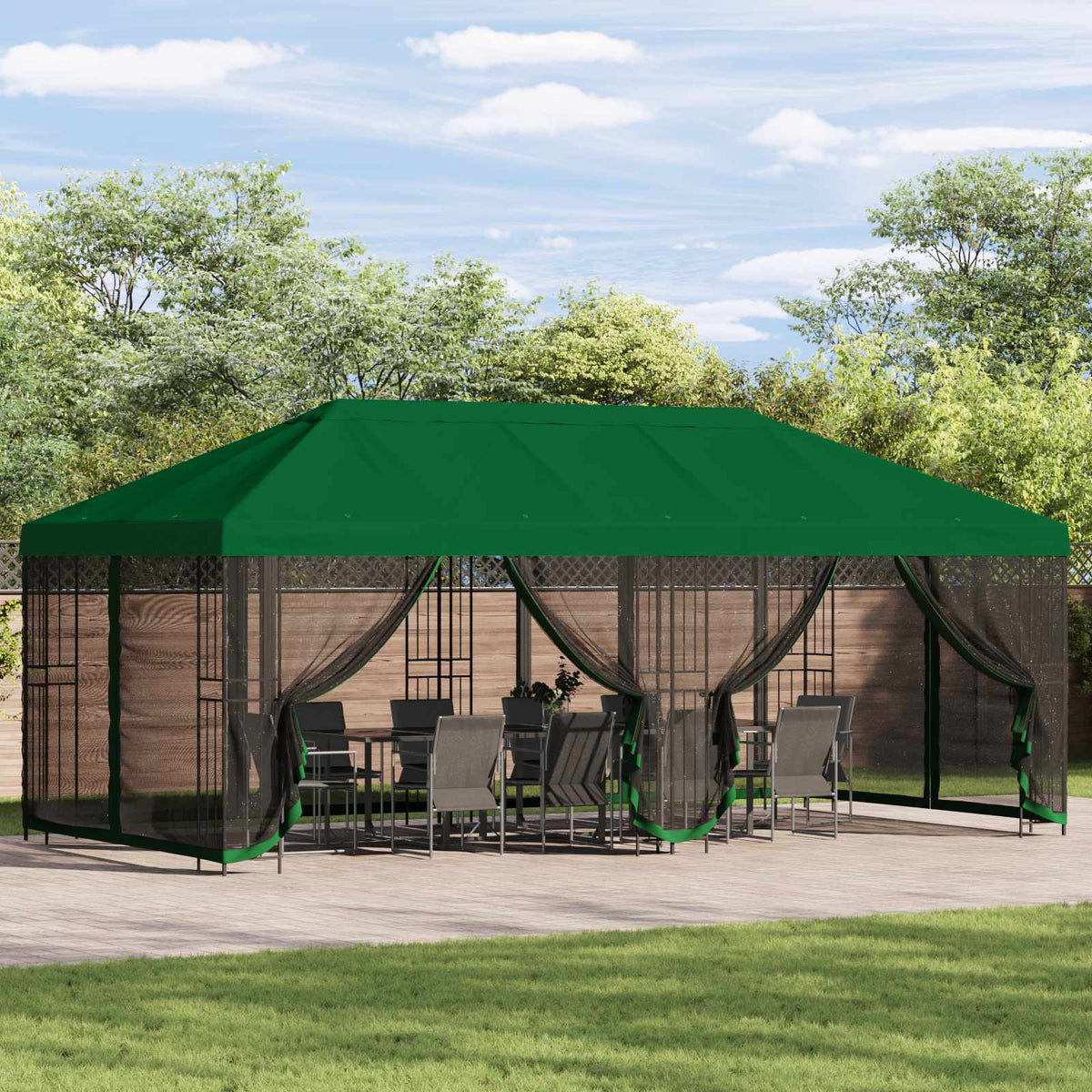 Paviljoen met zijwanden 6 x 3 m Groen Polyester en staal 190 is nu te koop bij PeponiXL, paradijselijk wonen!