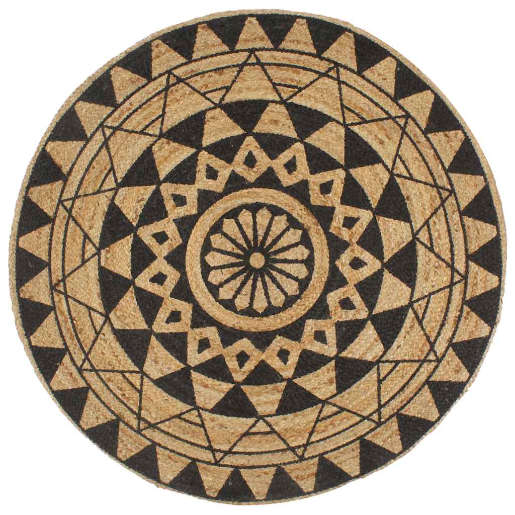 Vloerkleed handgemaakt met zwarte print 120 cm jute is nu te koop bij PeponiXL, paradijselijk wonen!