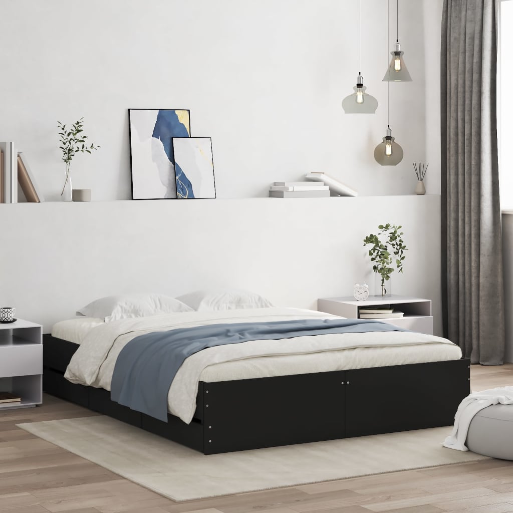Bedframe met lades bewerkt hout zwart 140x200 cm is nu te koop bij PeponiXL, paradijselijk wonen!