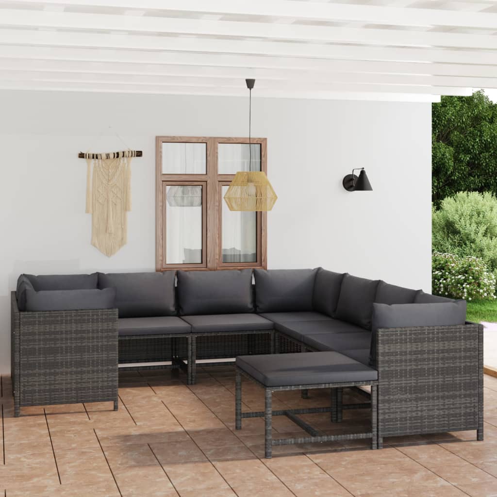 9-delige Loungeset met kussens poly rattan grijs is nu te koop bij PeponiXL, paradijselijk wonen!