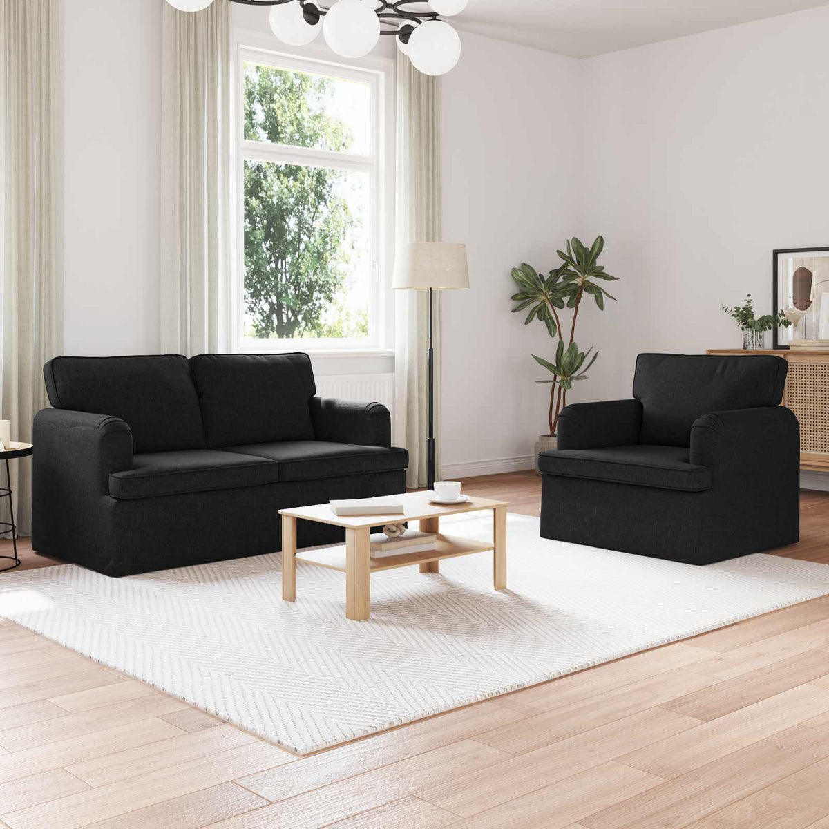 Bankstel 2 pcs Zwart 144 x 80 x 85 cm Stof is nu te koop bij PeponiXL, paradijselijk wonen!