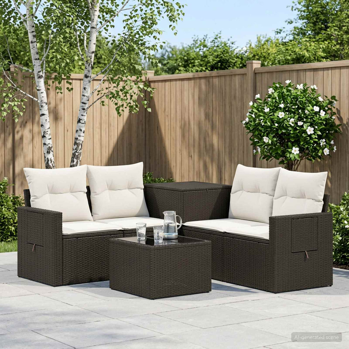 Bankstel 6 st Zwart en Cream Wit Poly Rattan en Staal is nu te koop bij PeponiXL, paradijselijk wonen!