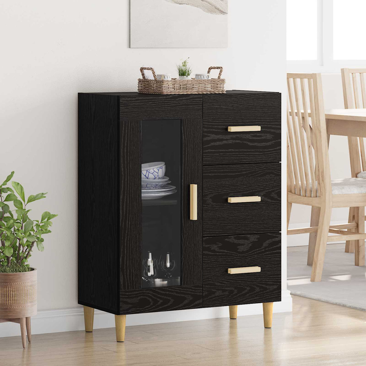Dressoir met lade Zwart Eiken 69,5 x 34 x 90 cm Bewerkt hout is nu te koop bij PeponiXL, paradijselijk wonen!