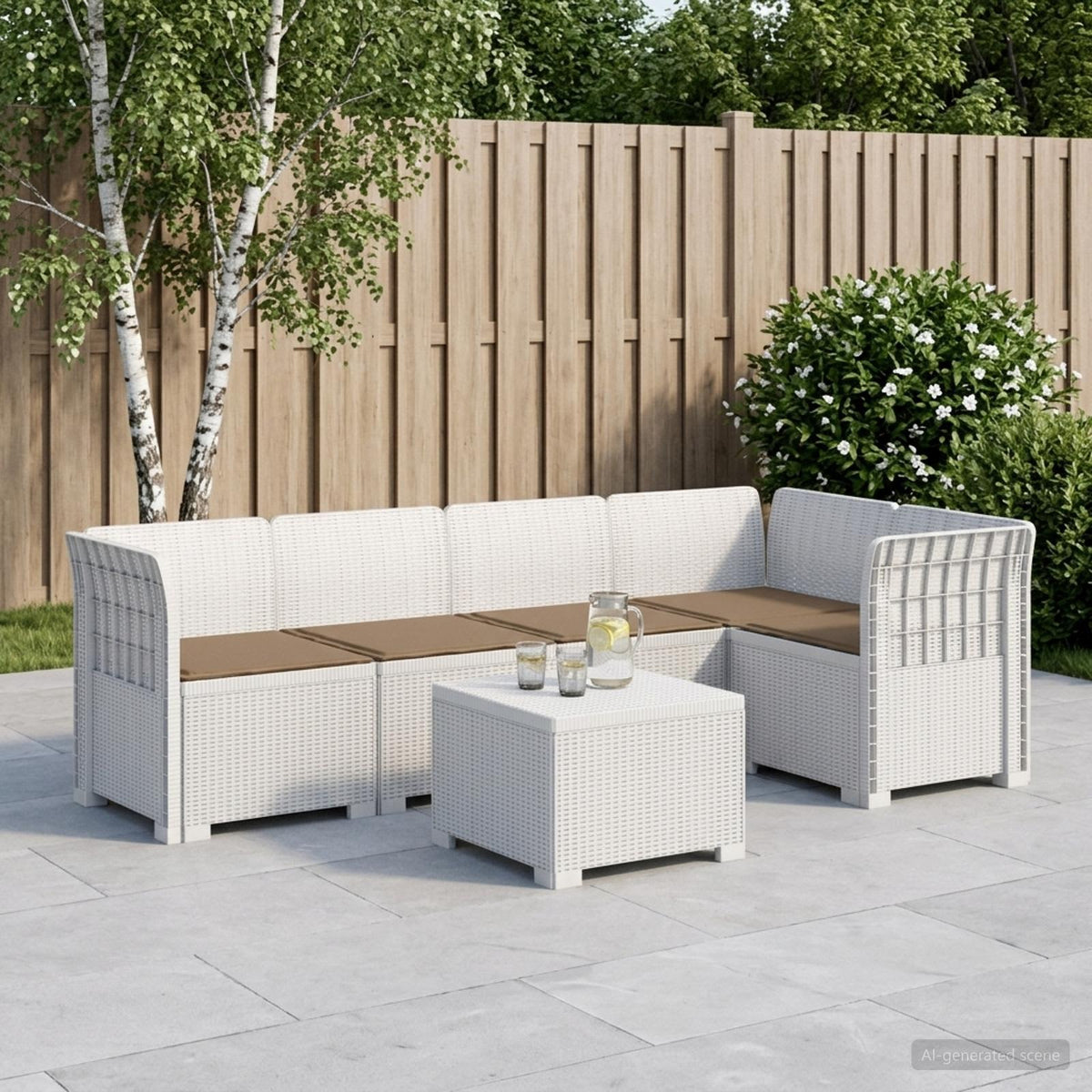 5-Zits Tuin Sofa met Kussens Rattan Look PP Wit is nu te koop bij PeponiXL, paradijselijk wonen!