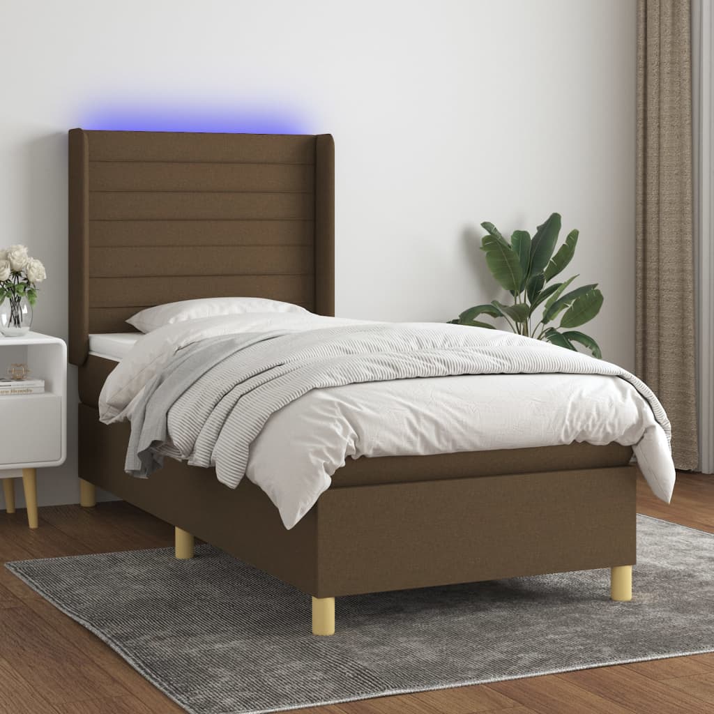 Boxspring met matras en LED stof donkerbruin 100x200 cm is nu te koop bij PeponiXL, paradijselijk wonen!