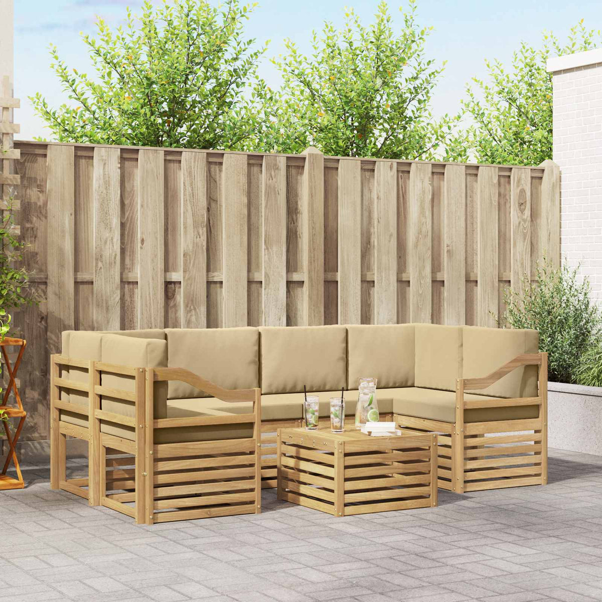Buiten bankenset met kussen 7 pcs Wit en Beige Polyester is nu te koop bij PeponiXL, paradijselijk wonen!
