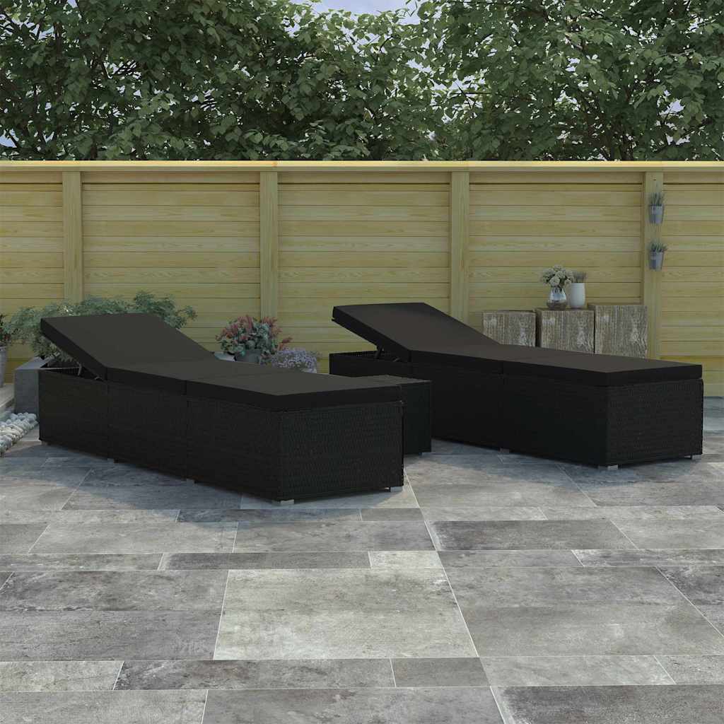 Tuin zonligstoelen met kussen 3 pcs Zwart Poly riet is nu te koop bij PeponiXL, paradijselijk wonen!