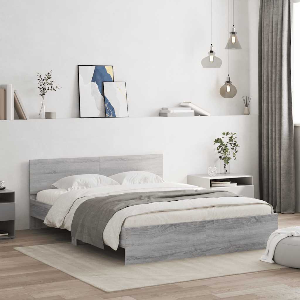 Bedframe met hoofdeinde grijs sonoma eikenkleurig 150x200 cm is nu te koop bij PeponiXL, paradijselijk wonen!