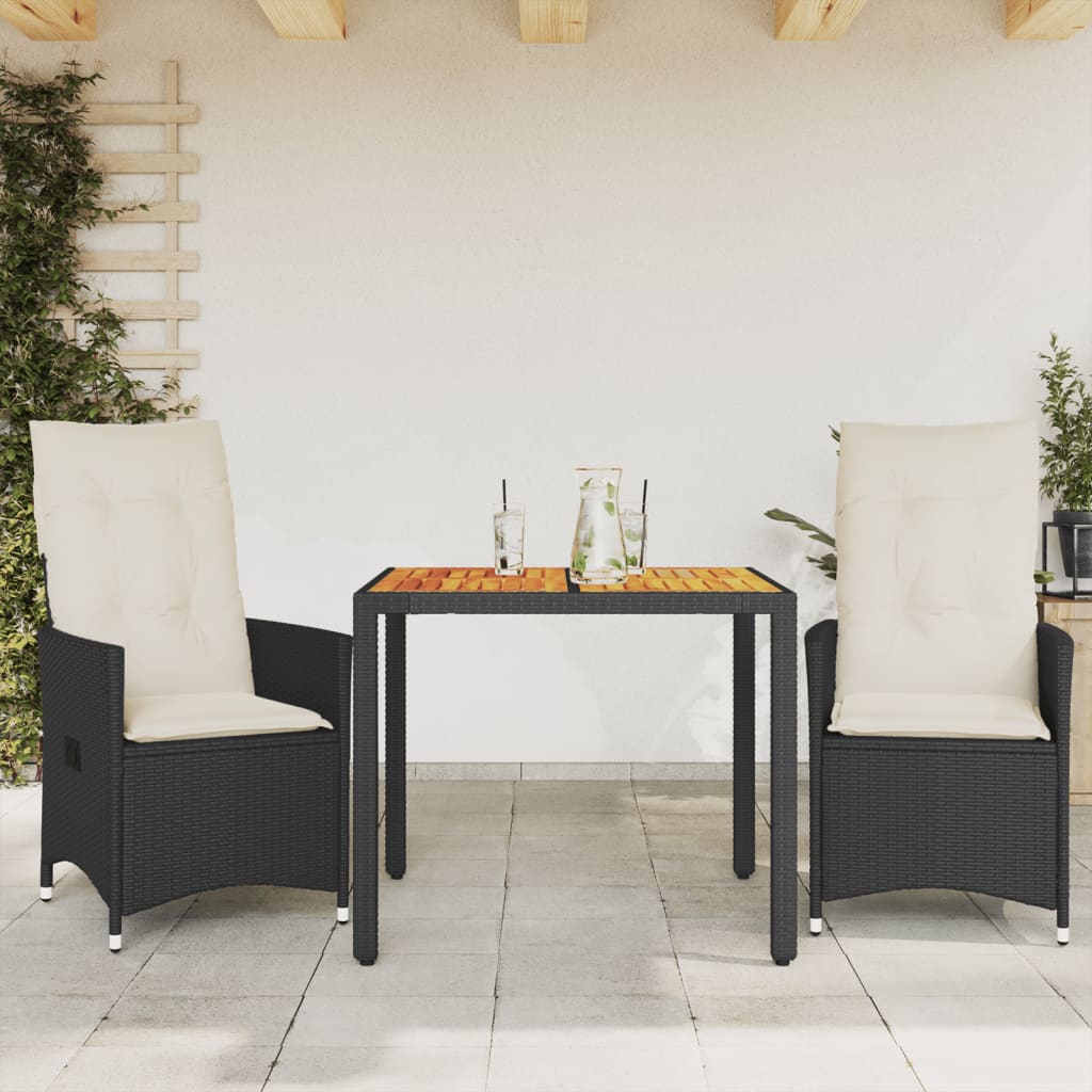 3-delige Bistroset met kussens poly rattan en acaciahout zwart is nu te koop bij PeponiXL, paradijselijk wonen!