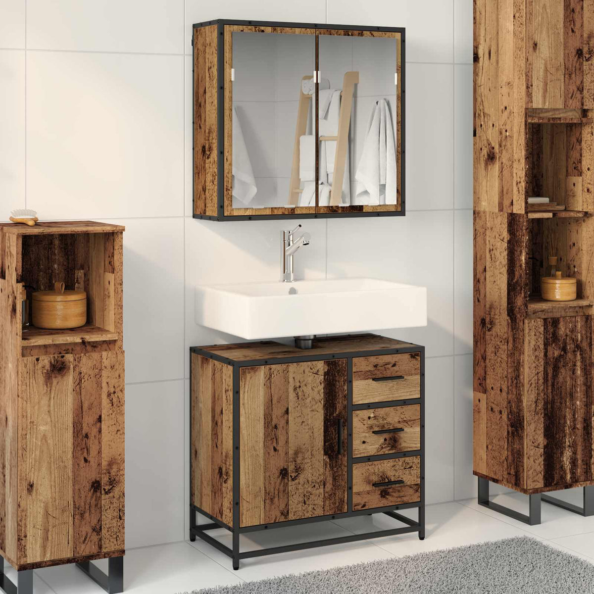 Badkamermeubelset met lade 2 pcs Oud Hout Bewerkt hout is nu te koop bij PeponiXL, paradijselijk wonen!