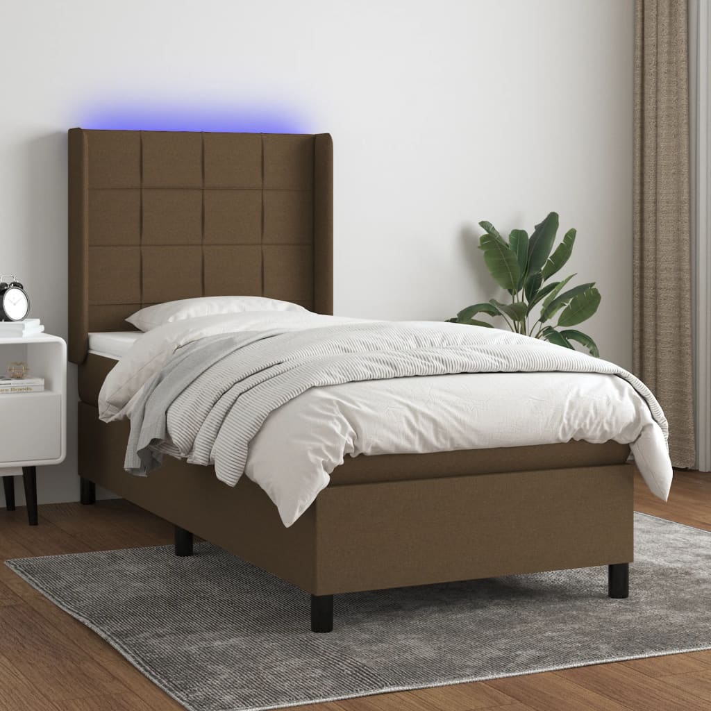 Boxspring met matras en LED stof donkerbruin 90x190 cm is nu te koop bij PeponiXL, paradijselijk wonen!