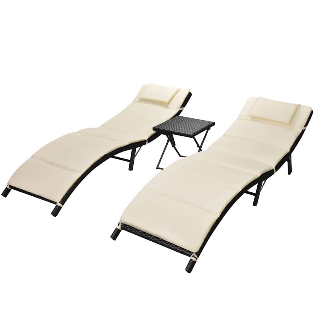 Ligbedden inklapbaar 2 st met tafel poly rattan zwart is nu te koop bij PeponiXL, paradijselijk wonen!