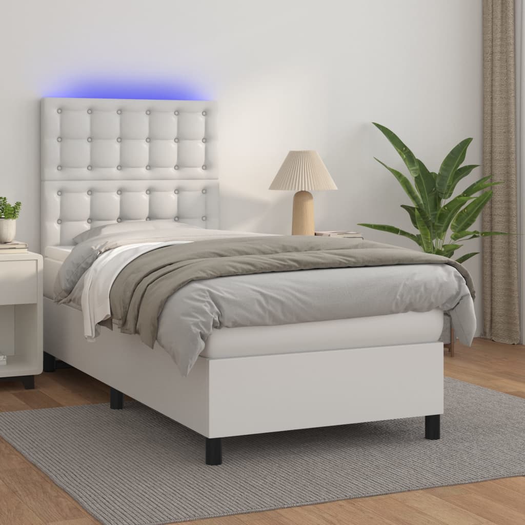 Boxspring met matras en LED kunstleer wit 90x190 cm is nu te koop bij PeponiXL, paradijselijk wonen!