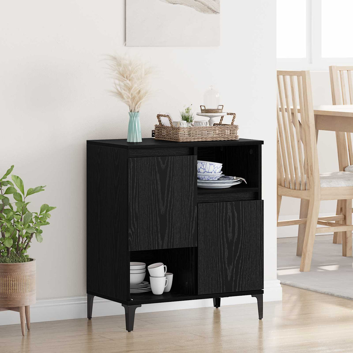 Dressoir Zwart Eiken 60 x 35 x 70 cm Bewerkt hout is nu te koop bij PeponiXL, paradijselijk wonen!