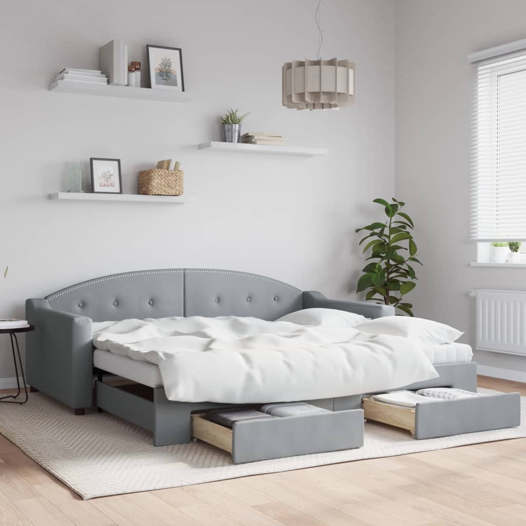 Slaapbank met onderschuifbed en lades 90x190 cm stof lichtgrijs is nu te koop bij PeponiXL, paradijselijk wonen!