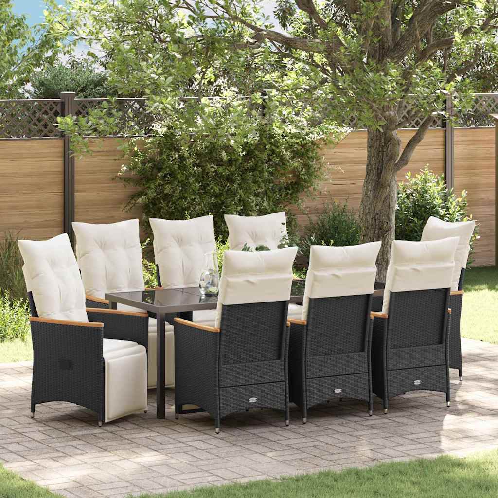 Tuin eettafelset met kussen 9 pcs Zwart poly rattan is nu te koop bij PeponiXL, paradijselijk wonen!