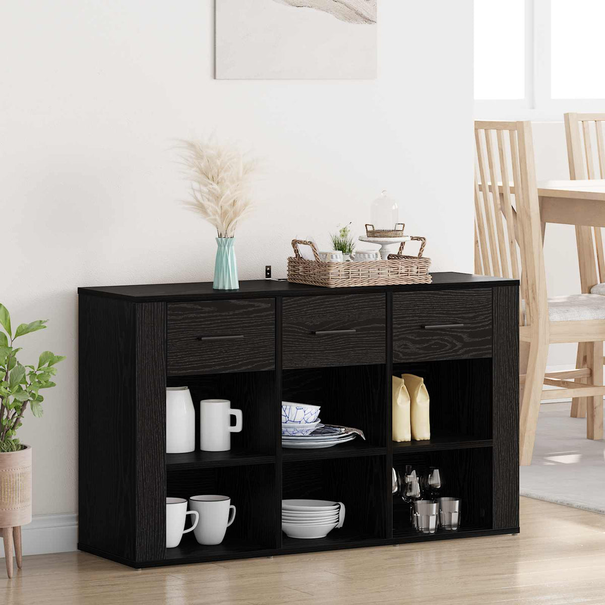 Dressoir met lade Zwart Eiken 100 x 30 x 59,5 cm Bewerkt hout is nu te koop bij PeponiXL, paradijselijk wonen!