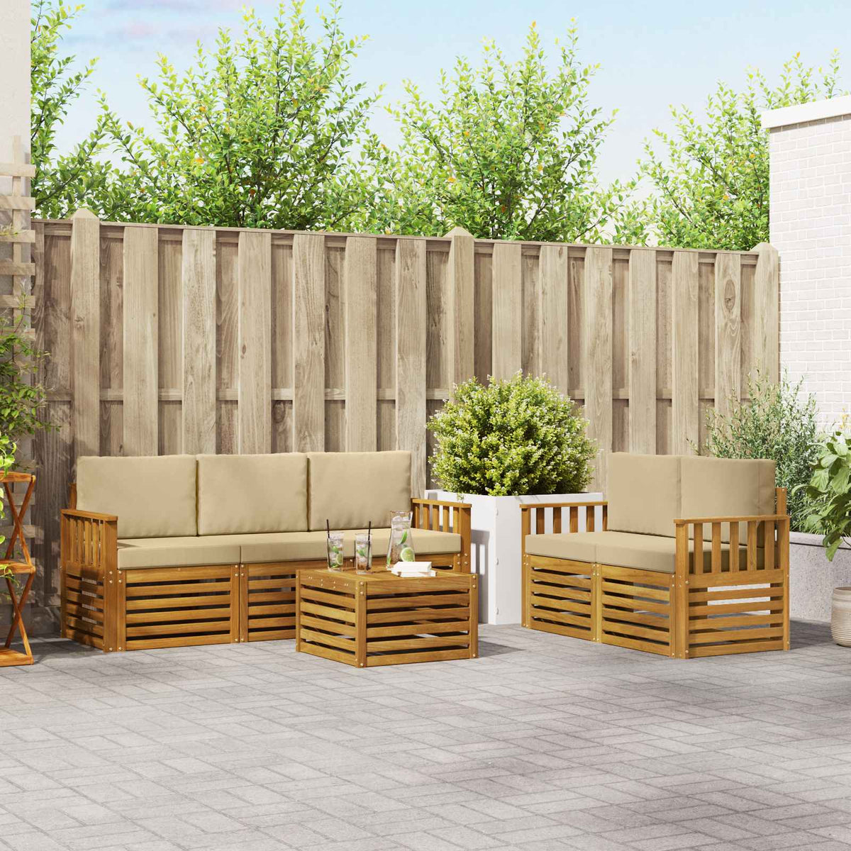 Sofa-Sets 6 pcs Natuurlijk en Beige Massief Acaciahout is nu te koop bij PeponiXL, paradijselijk wonen!