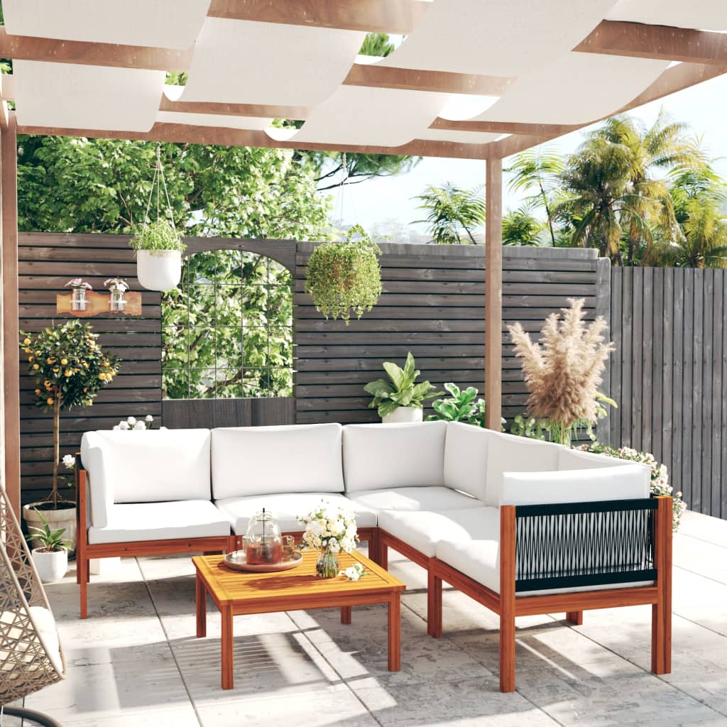 6-delige tuinloungeset met kussens crèmekleurig acaciahout en touw is nu te koop bij PeponiXL, paradijselijk wonen!
