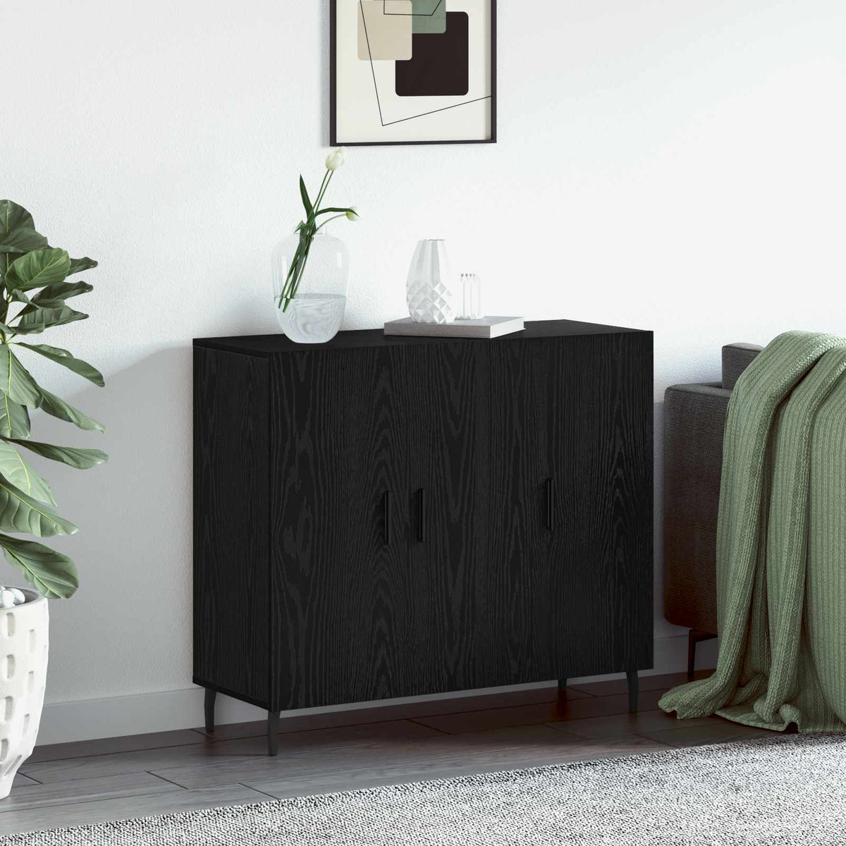 Dressoir Zwart Eiken 90 x 34 x 80 cm Bewerkt hout is nu te koop bij PeponiXL, paradijselijk wonen!