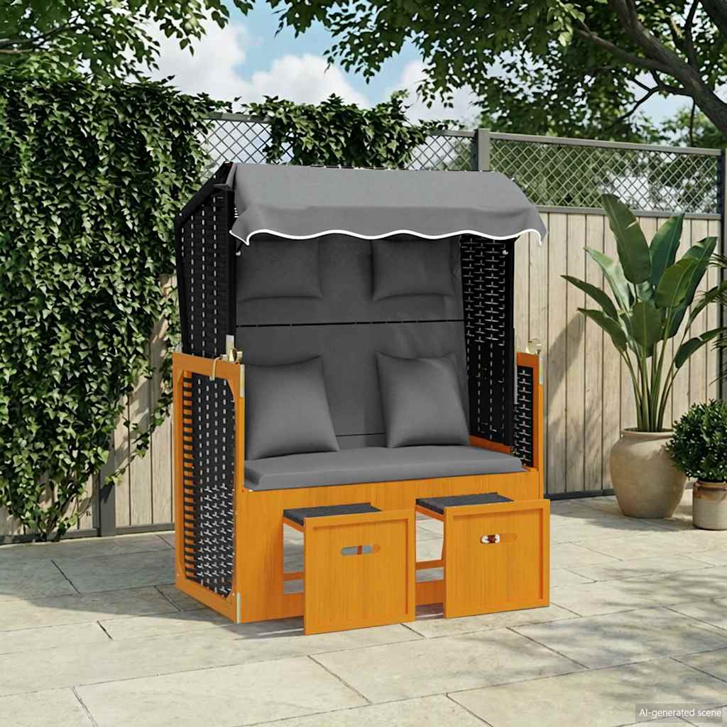 Strandstoel met kussen poly rattan en hout zwart en antraciet is nu te koop bij PeponiXL, paradijselijk wonen!