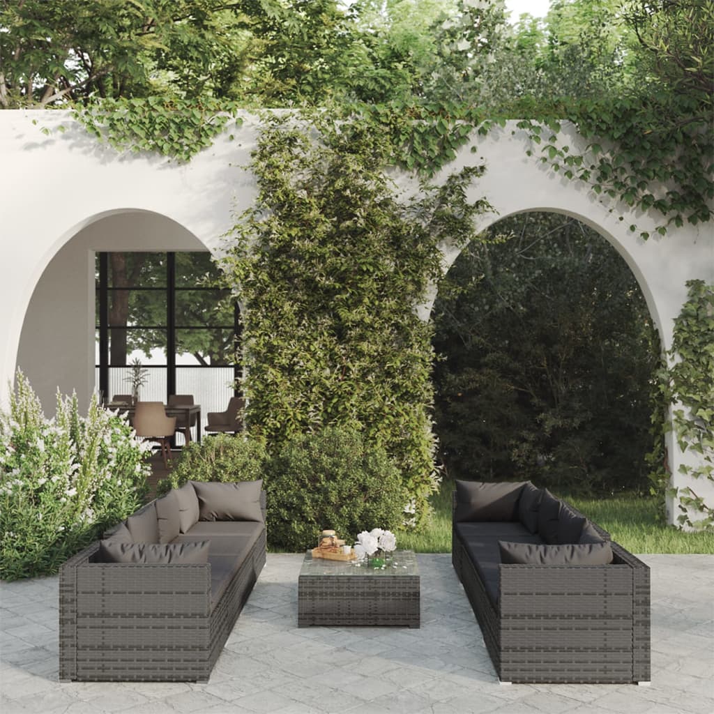 9-delige Loungeset met kussens poly rattan grijs is nu te koop bij PeponiXL, paradijselijk wonen!