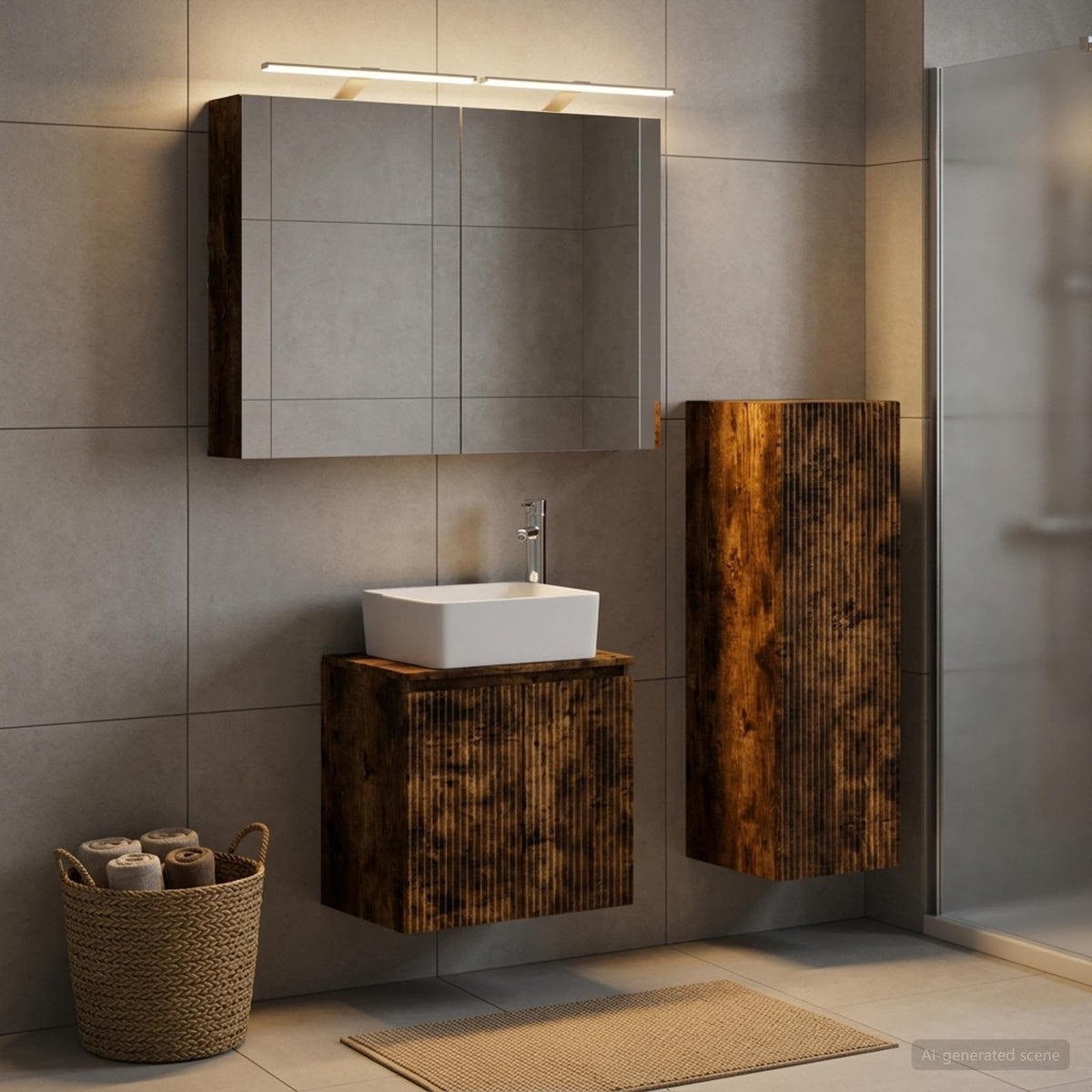 Badkamermeubelset 4 st Gerookt eiken Bewerkt hout en glas is nu te koop bij PeponiXL, paradijselijk wonen!