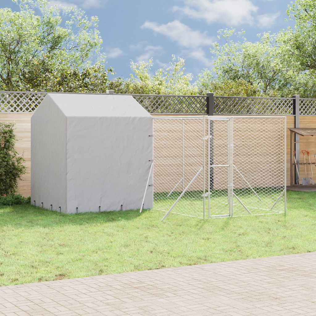 Hondenkennel met dak 4x4x2,5 m gegalvaniseerd staal zilver is nu te koop bij PeponiXL, paradijselijk wonen!