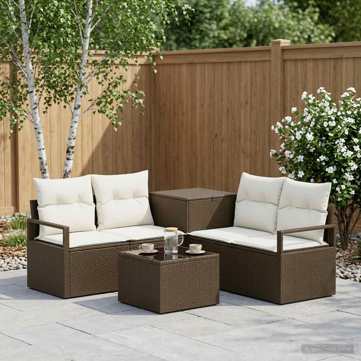 Bankstel 6 st Bruin en Crème Wit Poly Rattan en Staal is nu te koop bij PeponiXL, paradijselijk wonen!