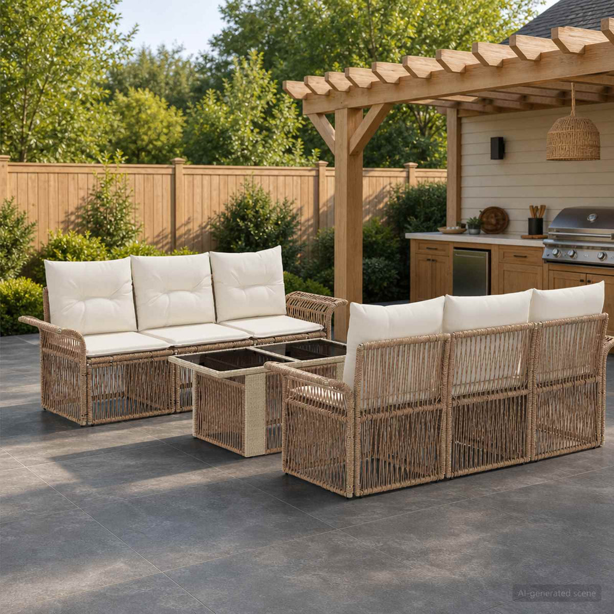 Tuinbankenset 7 st Beige en Crème Wit poly rattan is nu te koop bij PeponiXL, paradijselijk wonen!