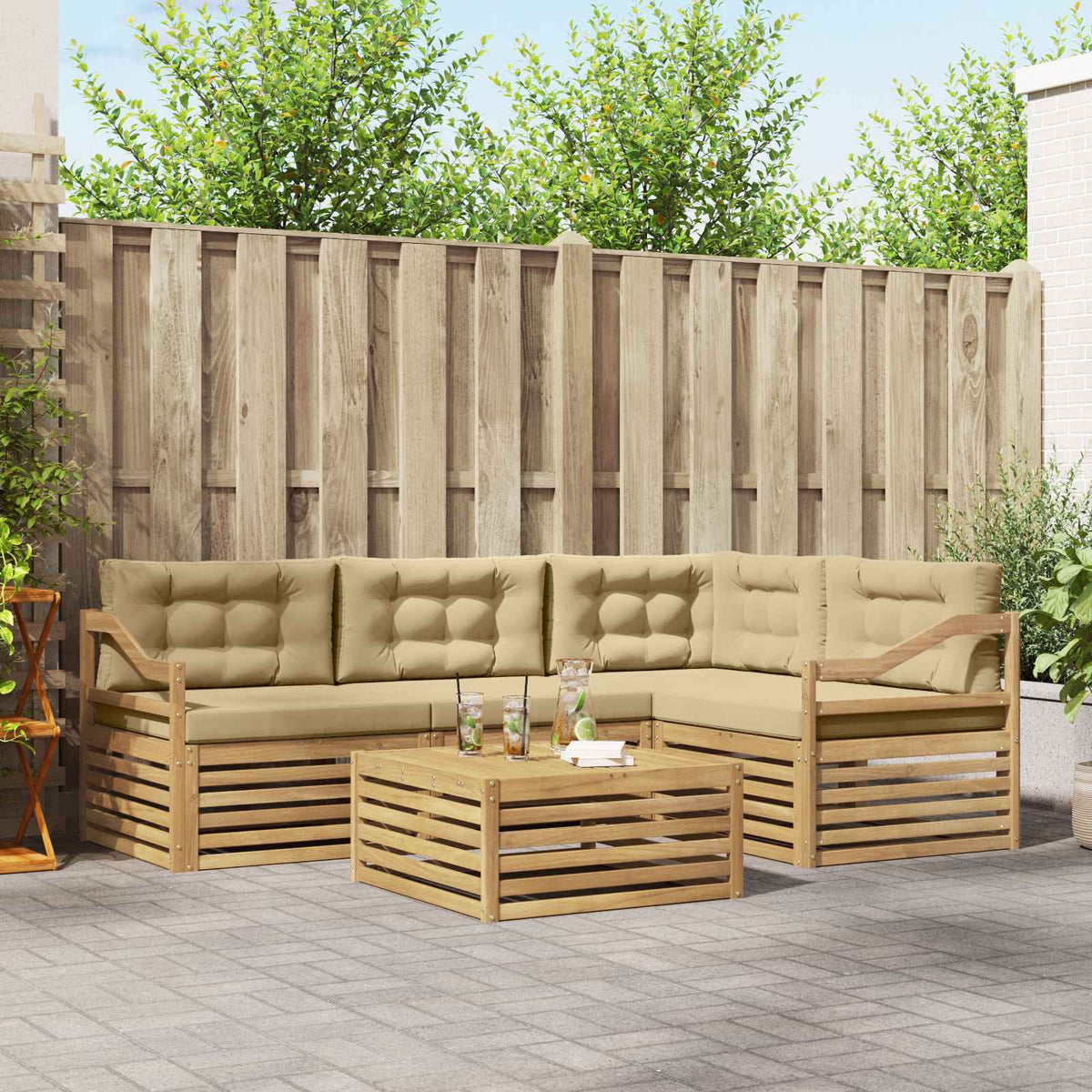 Buiten bankenset met kussen 5 pcs Wit en Beige Polyester is nu te koop bij PeponiXL, paradijselijk wonen!