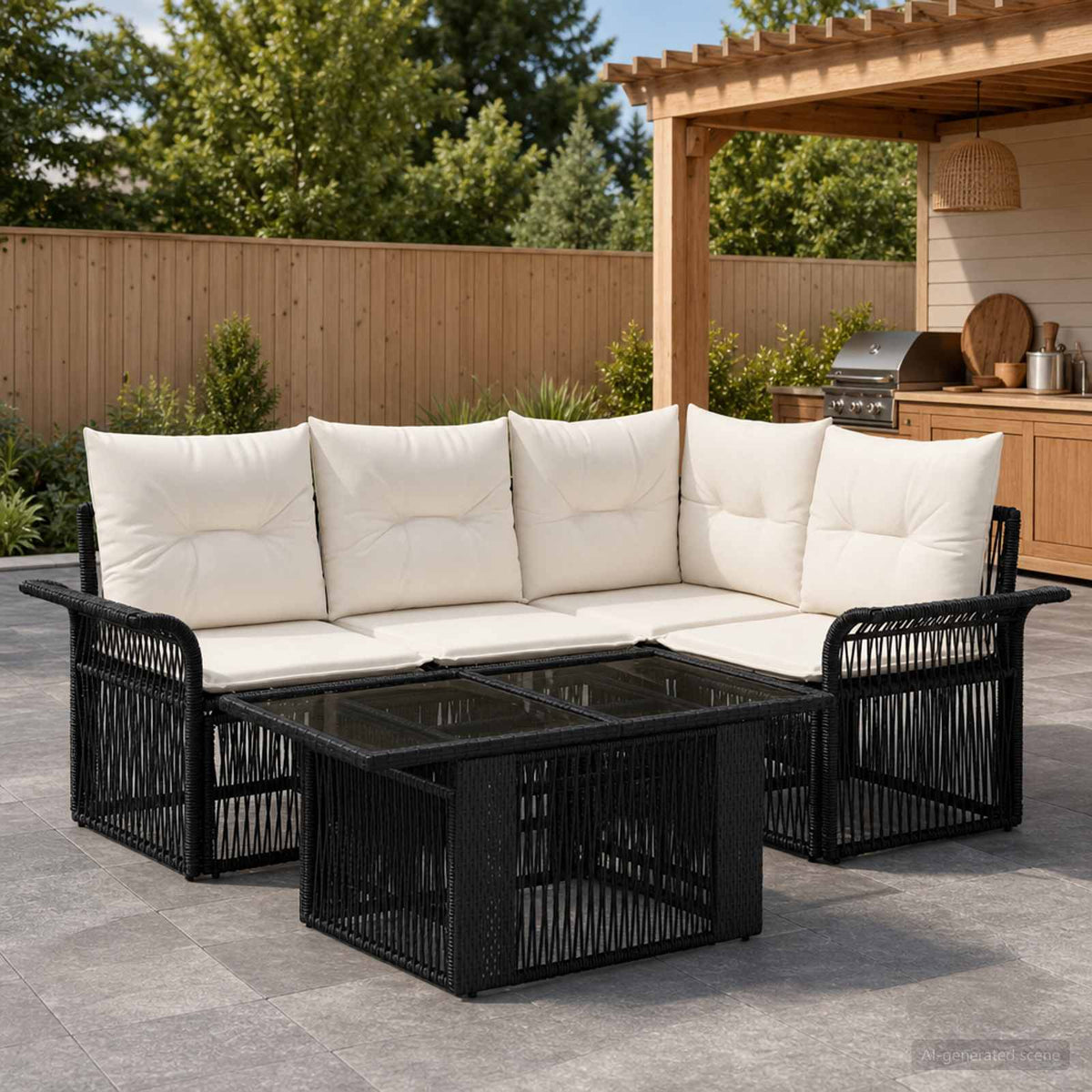 Tuinbankenset 5 st Zwart en Cream Wit poly rattan is nu te koop bij PeponiXL, paradijselijk wonen!