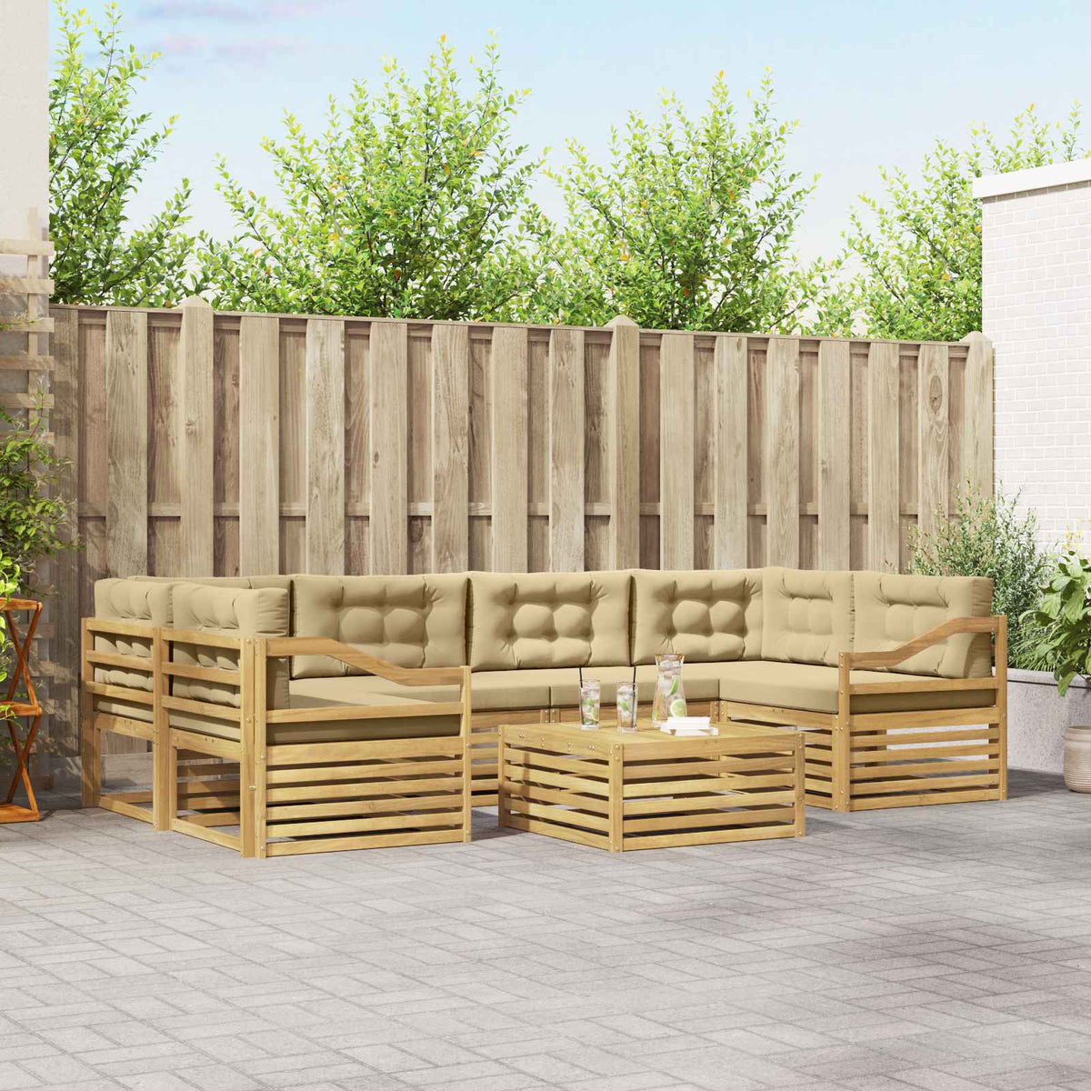 Buiten bankenset met kussen 7 pcs Wit en Beige Polyester is nu te koop bij PeponiXL, paradijselijk wonen!