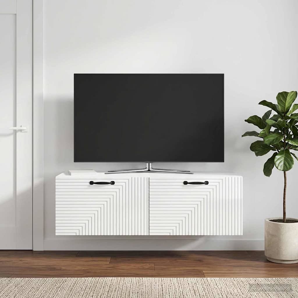 Wandbeugel TV-kast Hoogglans Wit 98 x 41 x 30 cm Bewerkt hout is nu te koop bij PeponiXL, paradijselijk wonen!