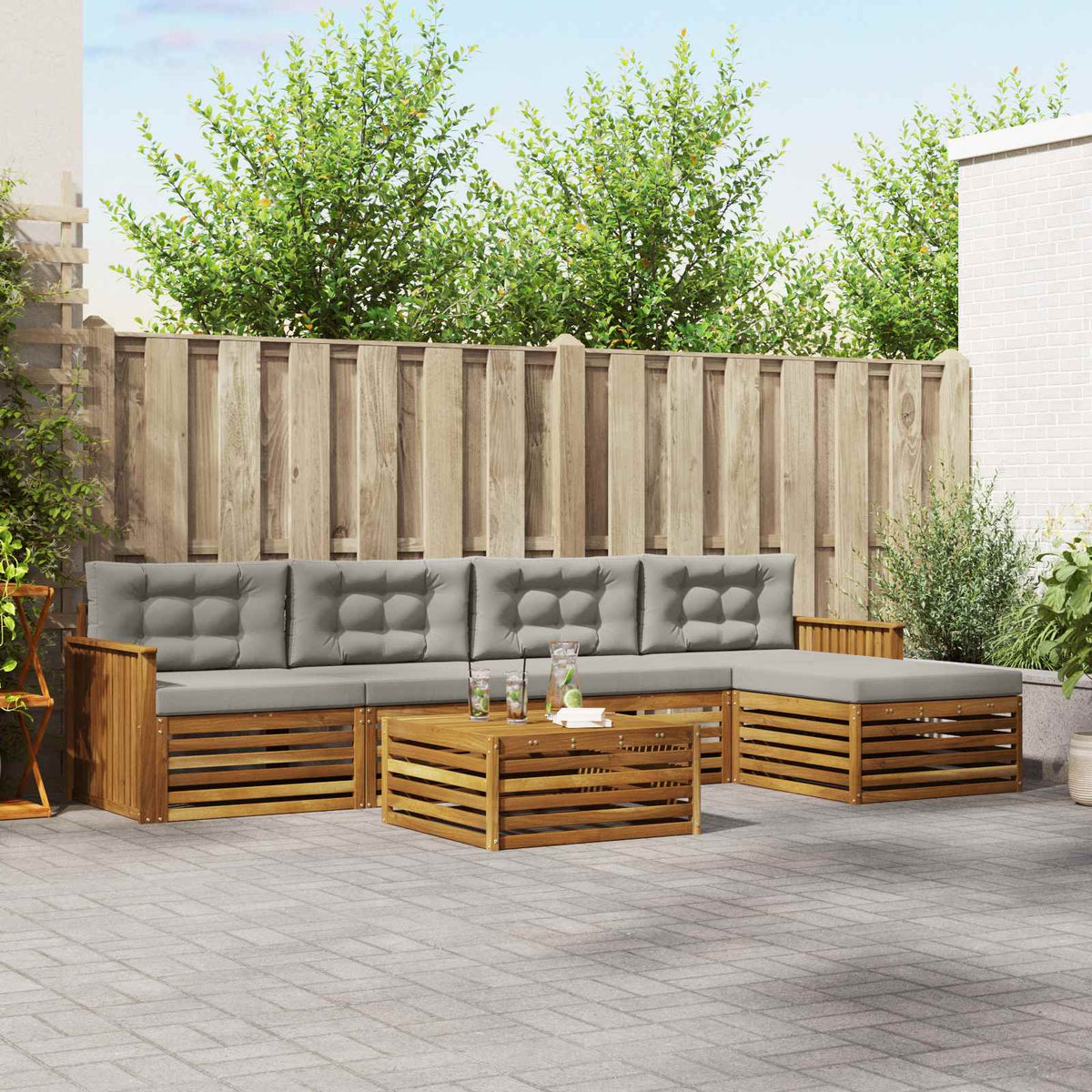 Buiten bankenset met kussen 6 pcs Natuurlijk en Lichtgrijs is nu te koop bij PeponiXL, paradijselijk wonen!
