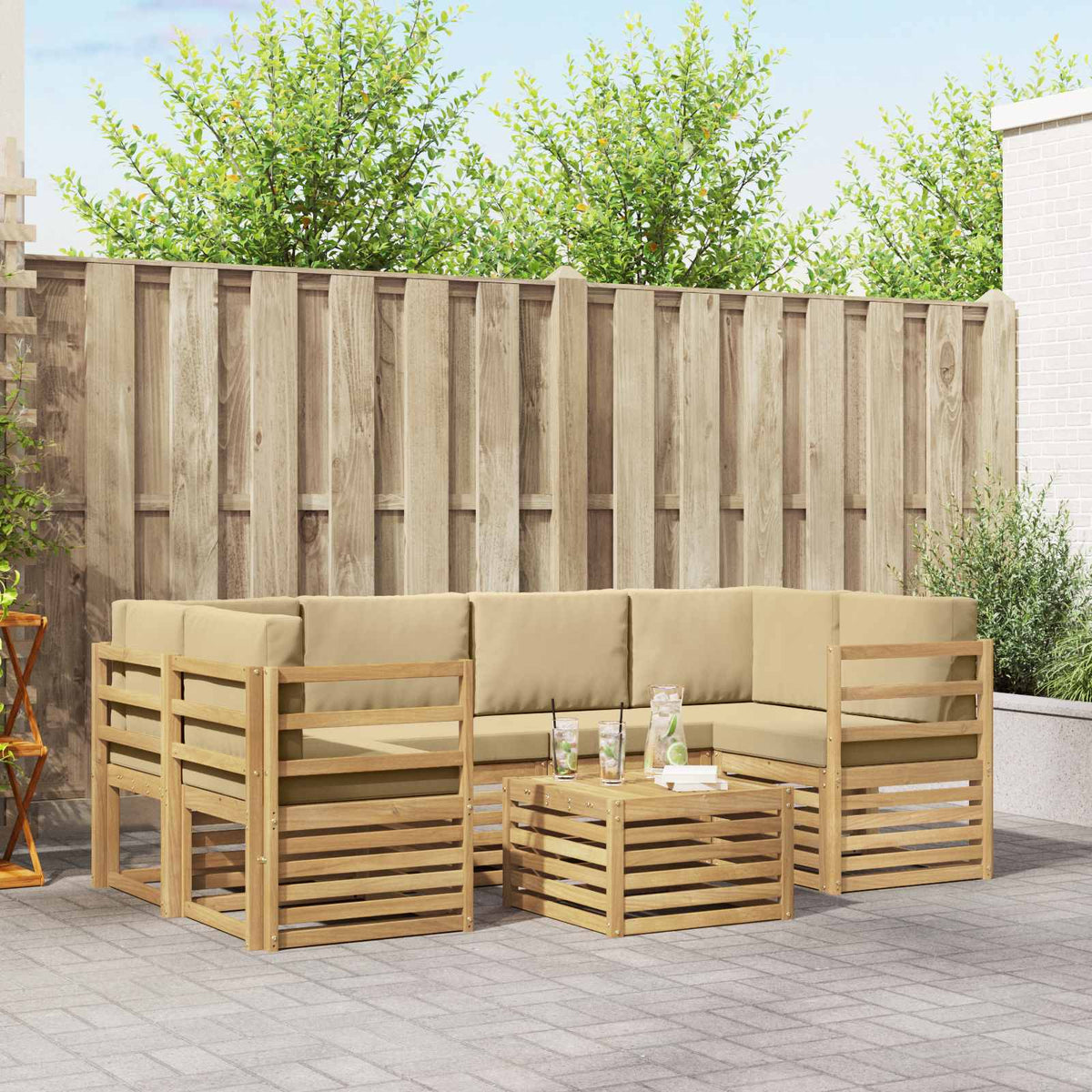 Buiten bankenset met kussen 7 pcs Wit en Beige Polyester is nu te koop bij PeponiXL, paradijselijk wonen!