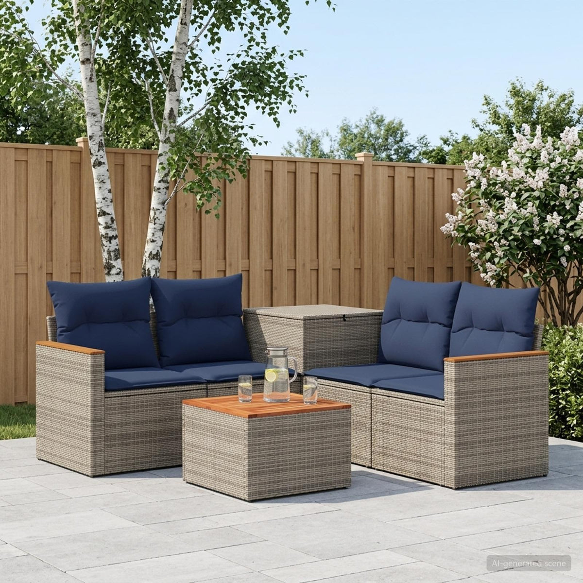 Bankstel 6 st Grijs en Marineblauw Poly Rattan en Staal is nu te koop bij PeponiXL, paradijselijk wonen!