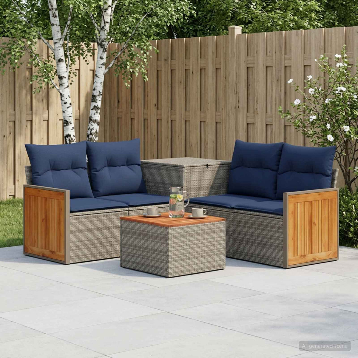 Bankstel 6 st Grijs en Marineblauw Poly Rattan en Staal is nu te koop bij PeponiXL, paradijselijk wonen!