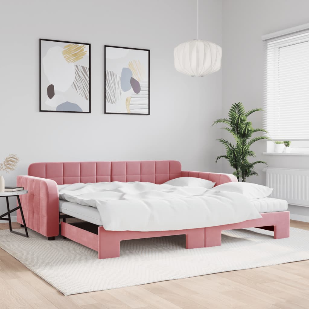 Slaapbank onderschuifbed en matrassen 100x200 cm fluweel roze is nu te koop bij PeponiXL, paradijselijk wonen!