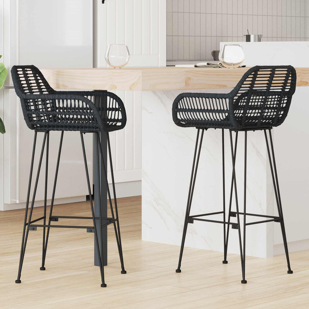 Barkruk 2 pcs Zwart 55 x 52 x 105 cm Riet en IJzer is nu te koop bij PeponiXL, paradijselijk wonen!