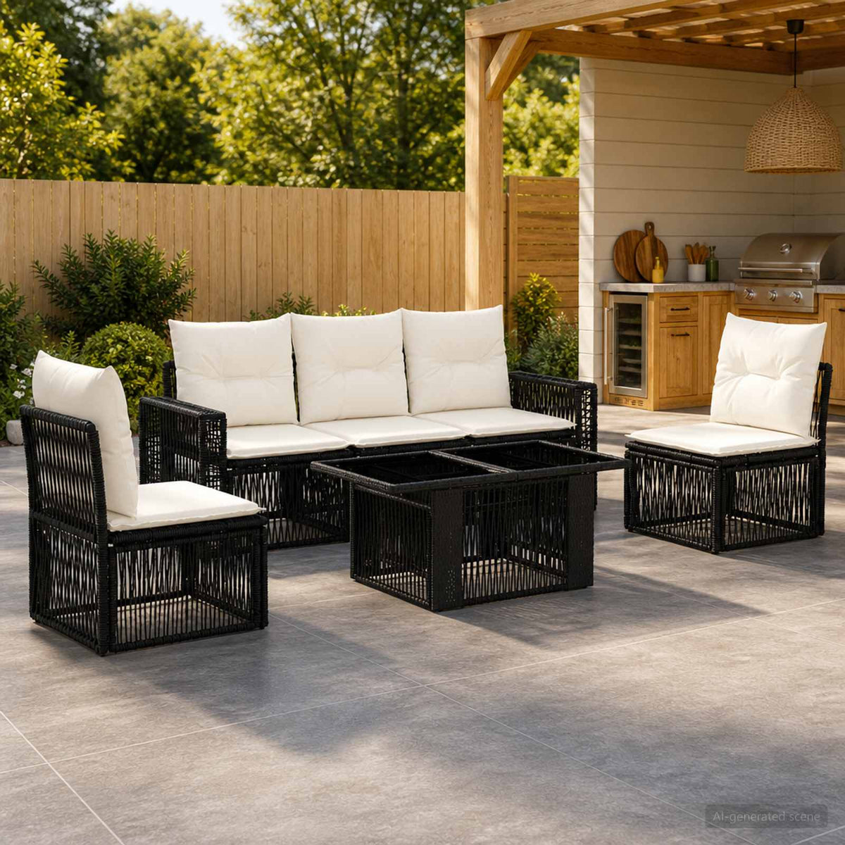 Tuinbankenset 6 st Zwart en Cream Wit poly rattan is nu te koop bij PeponiXL, paradijselijk wonen!