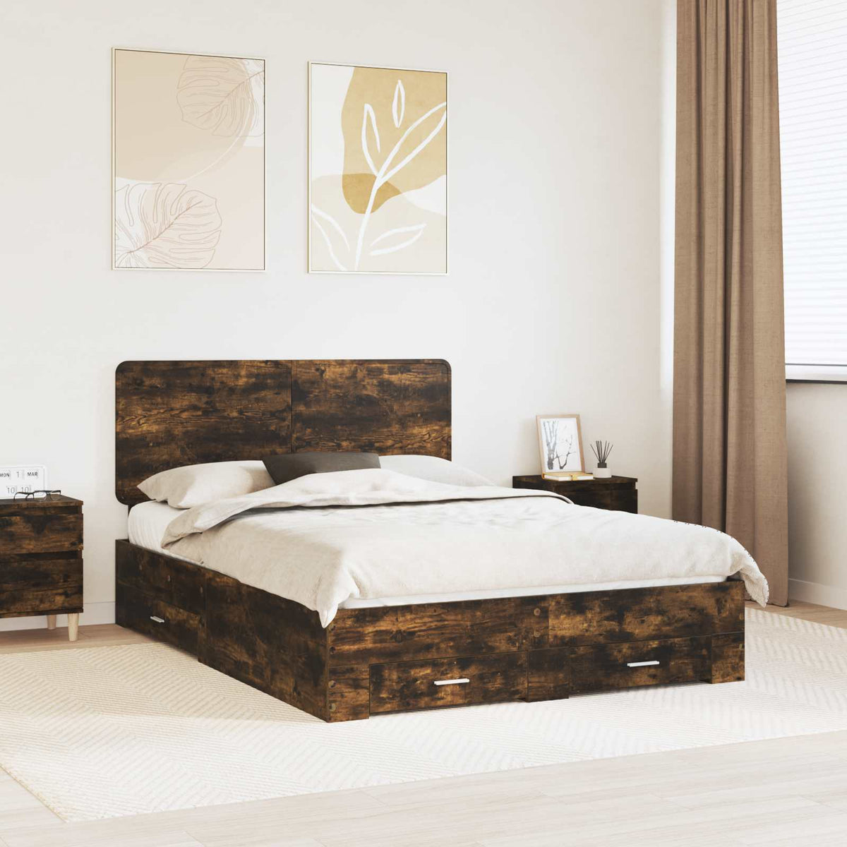 Bedframe met hoofdeinde Gerookt eiken 140 x 200 cm Bewerkt hout is nu te koop bij PeponiXL, paradijselijk wonen!